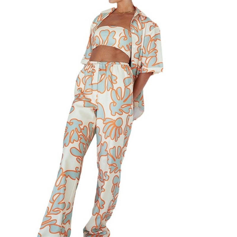 Printed Vest and Open Cardigan Lounge Wear Set with Long Pants
