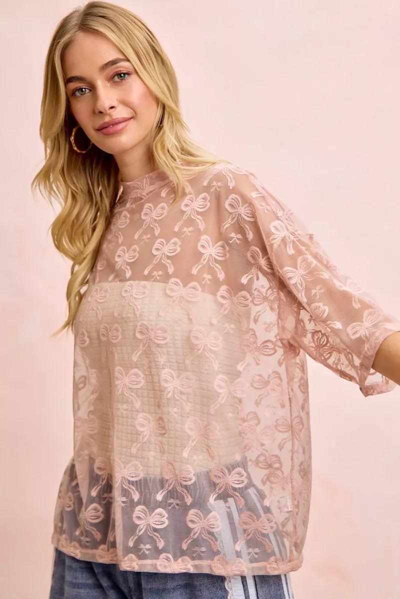 Bow Pattern Short Sleeves Boxy Mesh Top