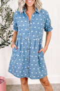 Sky Blue Polka Dot Print Ruffled Short Puff Sleeve Button Down Loose Denim Dress