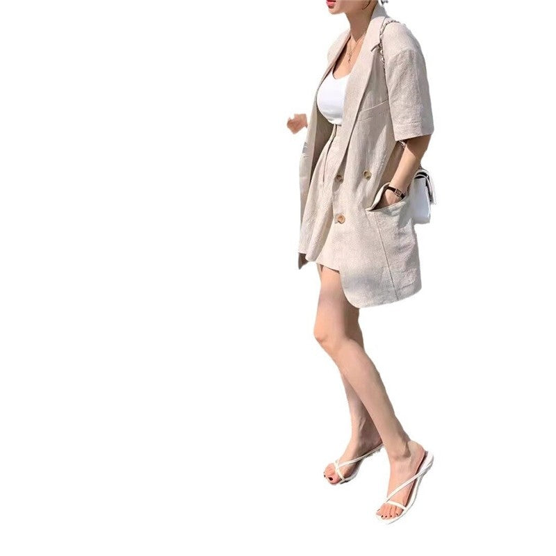 Solid Color Short Sleeve Suit Jacket and Shorts Set