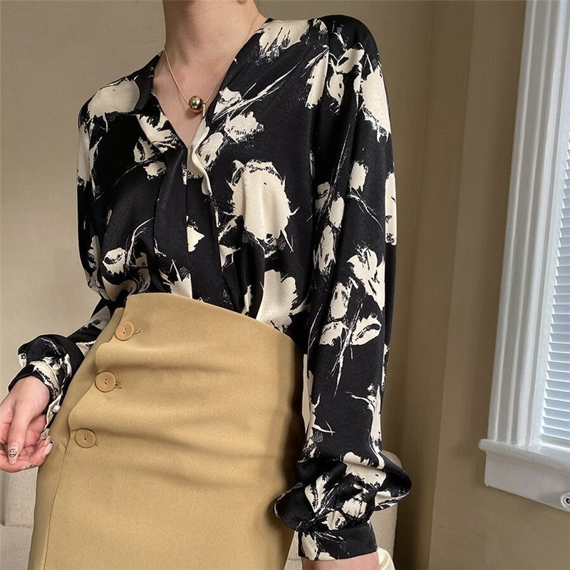 Vibrant Ink Lantern Sleeve Satin V-Neck Shirt