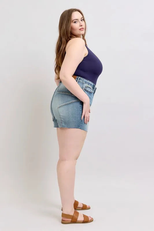 Full Size High Waist Star Seam Detail Denim Shorts Plus Size