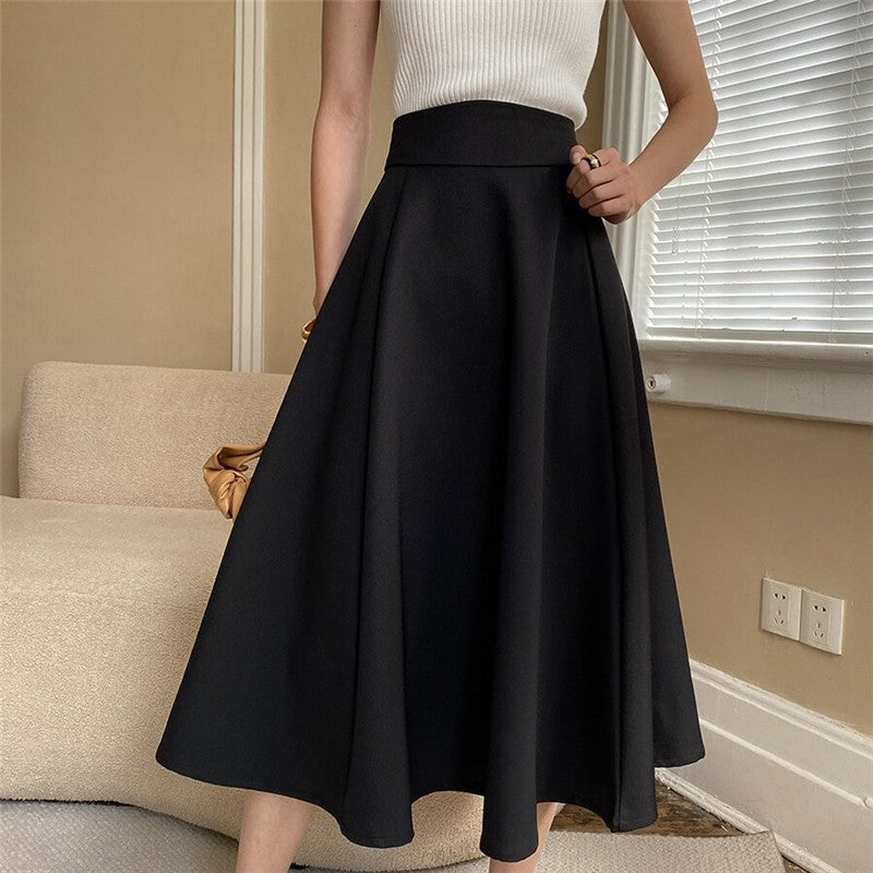 High-Waisted A-Line Midi Skirt in Solid Color