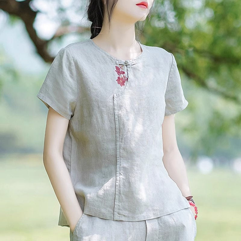 Retro Linen and Cotton Embroidered T-Shirt
