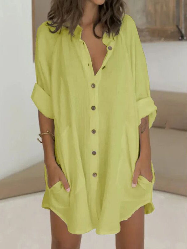 Long Sleeves Loose Buttoned Pockets Lapel Mini Dresses Shirt Dress
