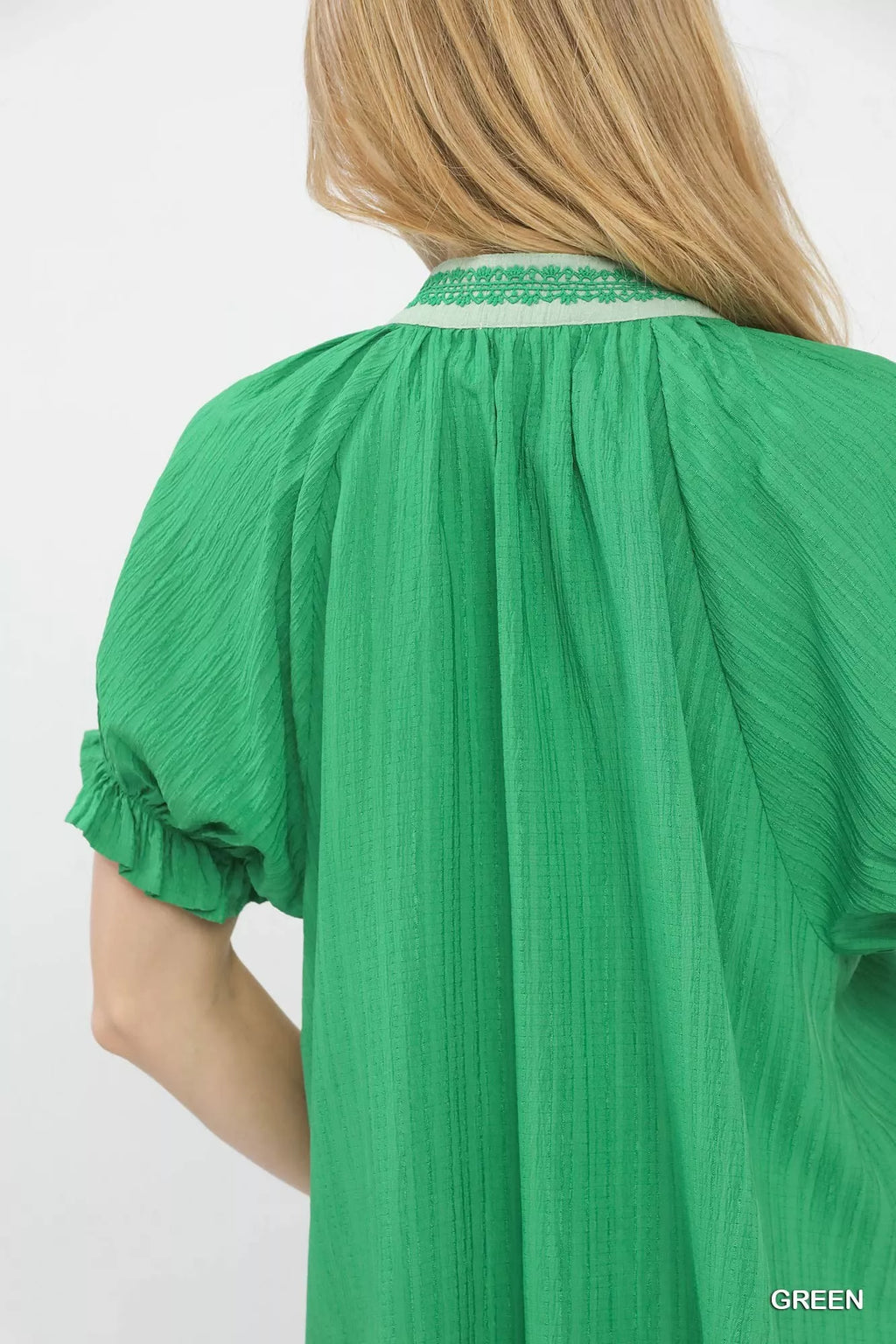 Textured V-Neck Top with Lace Trim Details