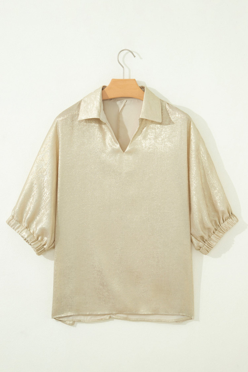 Casual Collared V Neck Half Sleeve Metallic Top