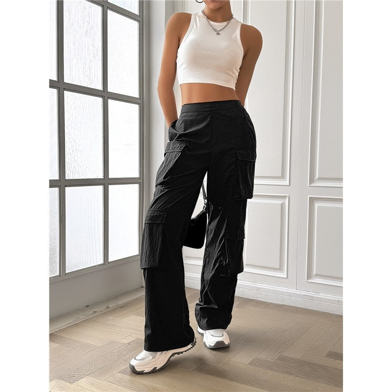 Casual Loose Cargo Pants with Elastic Waistband in Solid Color