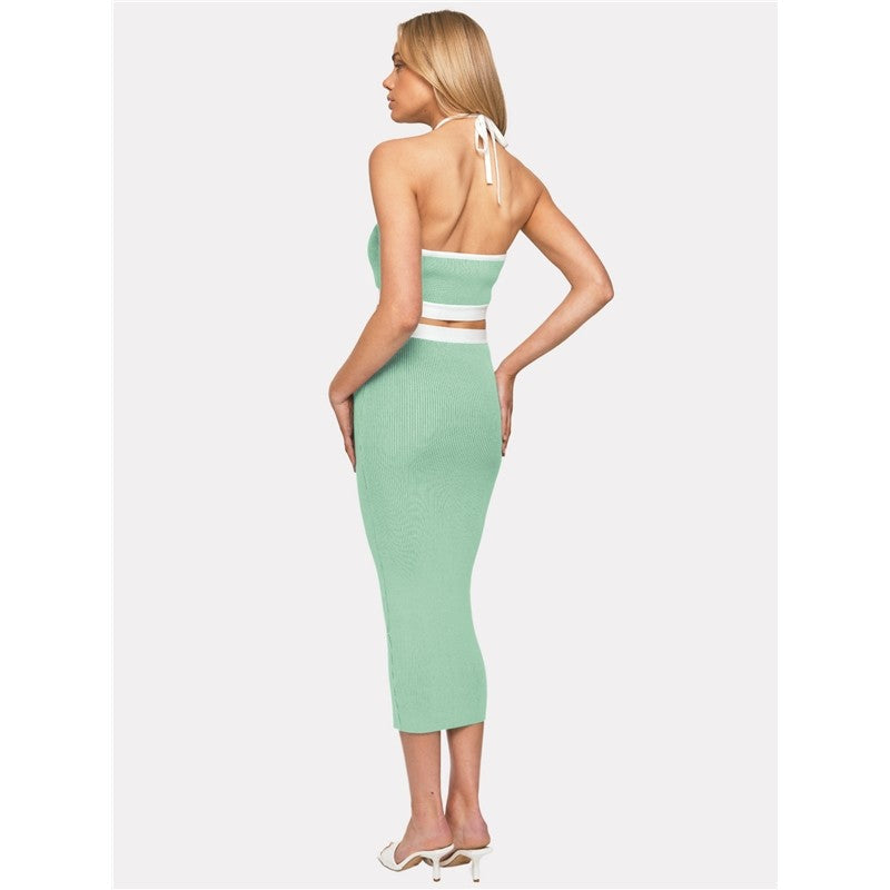 Contrast Color Sleeveless Halterneck Backless Hollow Bodycon Maxi Dress