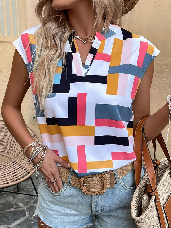 Loose Sleeveless Printed V-Neck T-Shirts Tops