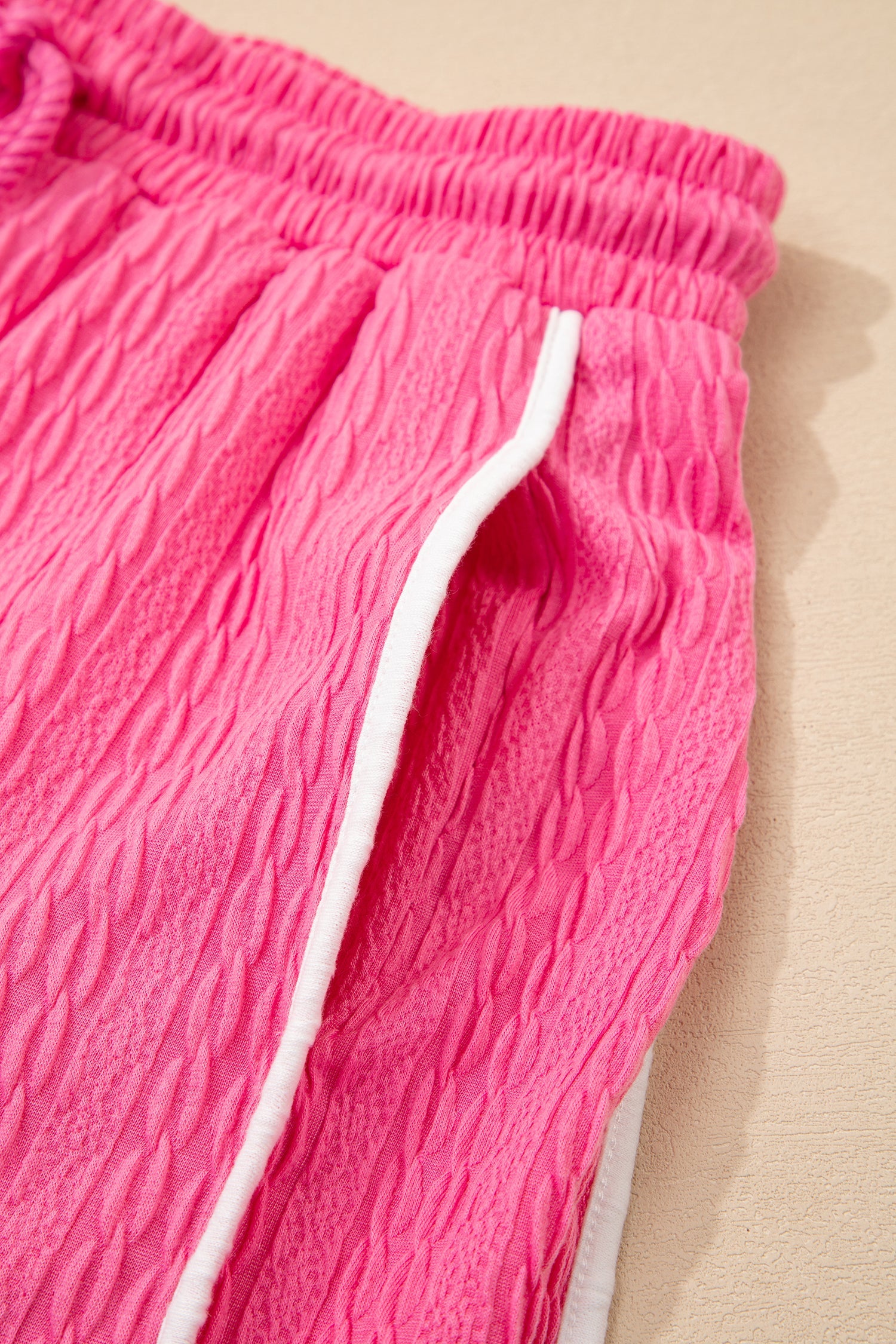 Bright Pink Textured Color Block Trim Loose Tee Drawstring Shorts 2pcs Set