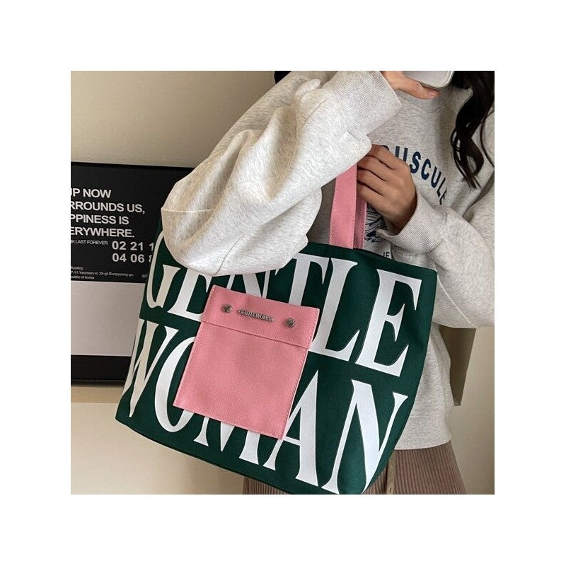Letter Print Canvas Shoulder Bag with Large Capacity