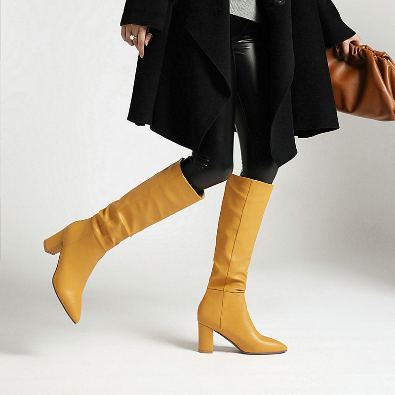 Women's Fleece-Lined Chunky Heel Mid-Calf Boots | Pointed Toe Slip-On Winter Boots
