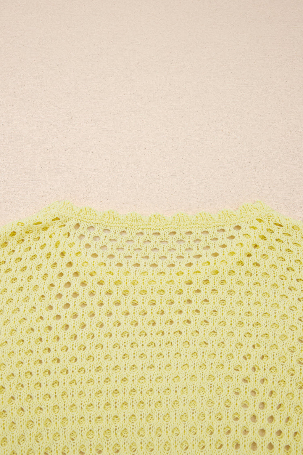 Yellow Cream Scalloped Trim Hollow Out Knit Long Sleeve Top