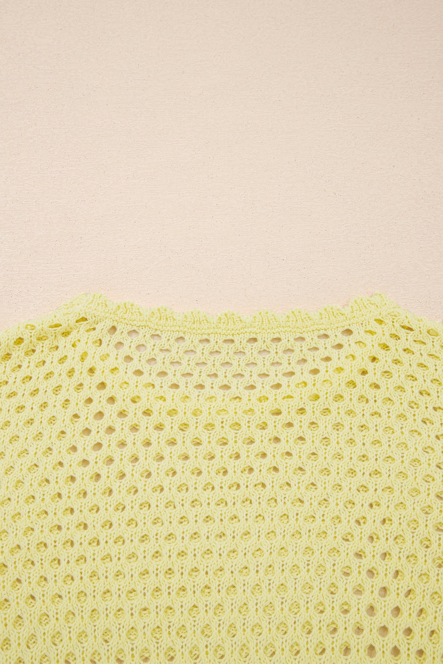 Yellow Cream Scalloped Trim Hollow Out Knit Long Sleeve Top