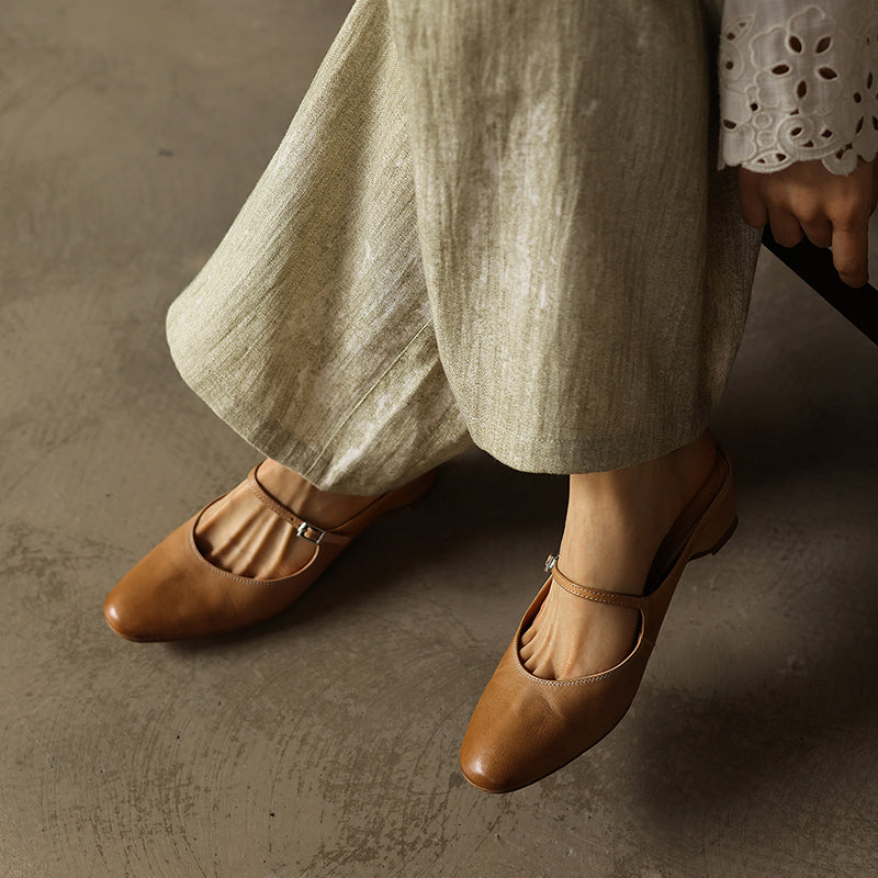 Women's Full Grain Leather Mary Jane Mules | Low Heel Square Toe Slide Sandals