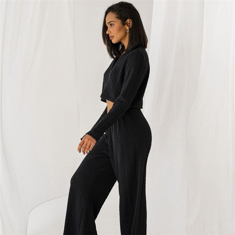 Solid Color Knitted V-Neck Cardigan and Pants Lounge Suit