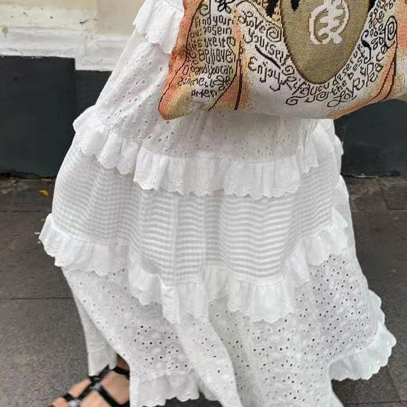 A-Line Lace Patchwork Skirt with Elastic Waist in Solid Color