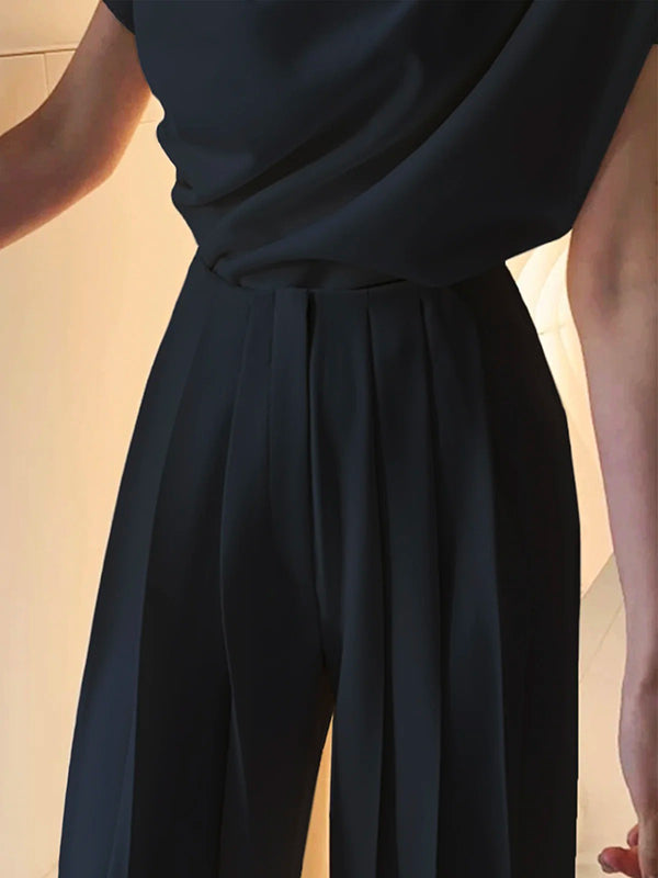 Solid Color High-Waisted Wide-Leg Pleated Urban Pants