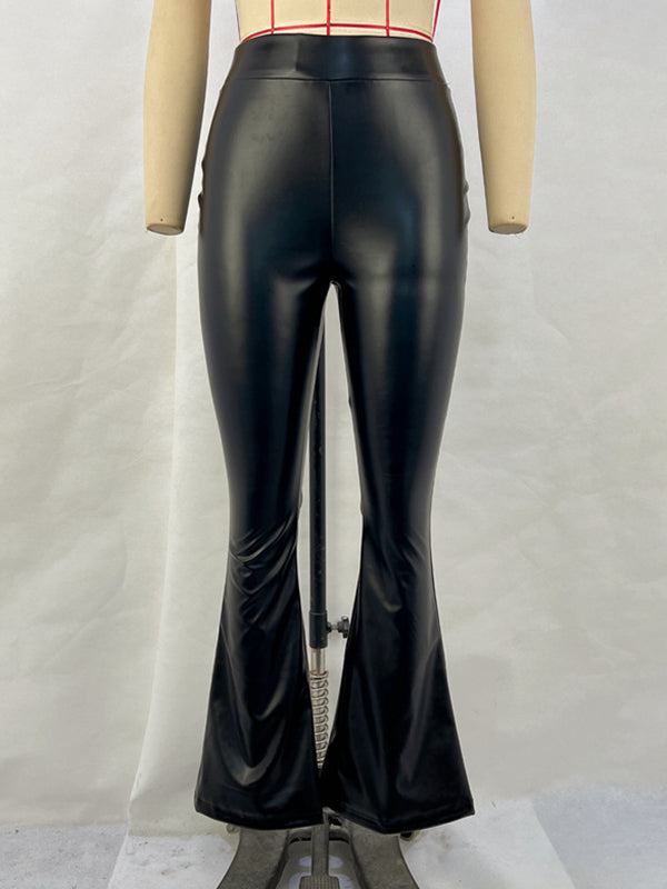 High Waisted Shiny Solid Color Flared Trousers Pants