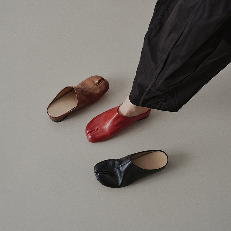 Women's Tabi Split-Toe Leather Flats | Full Grain Cowhide Slip-On Mules