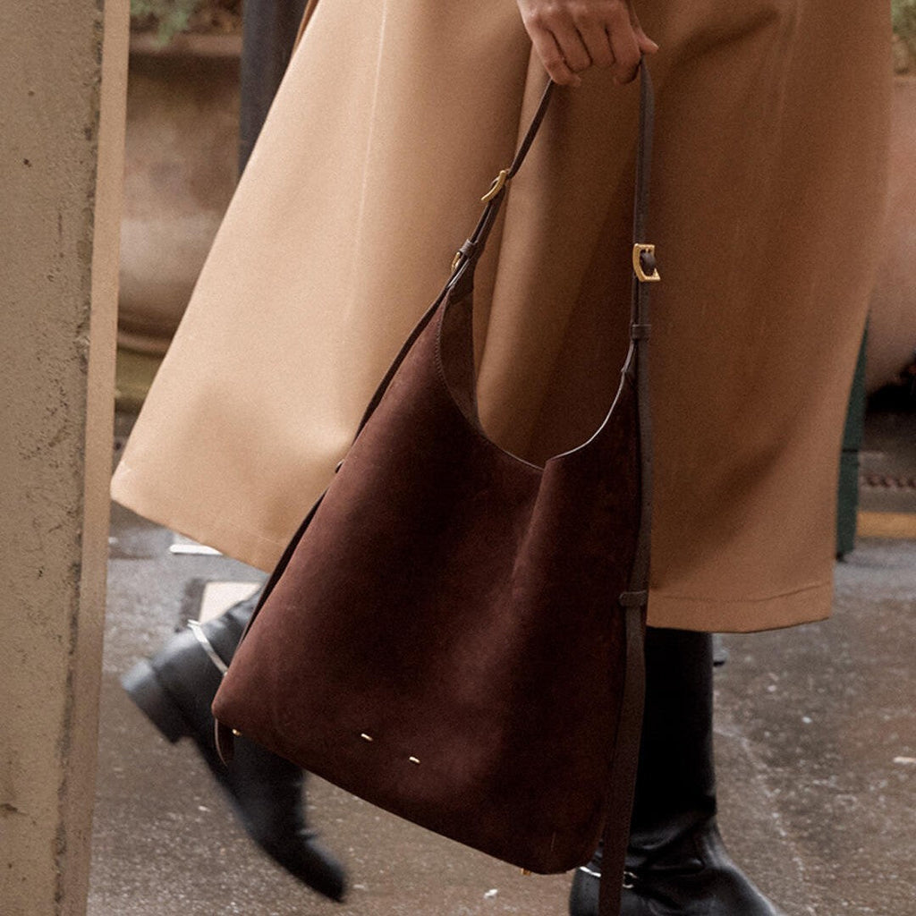 Women's Suede Bucket Shoulder Bag – Genuine Leather Drop-Ear Handbag with Patchwork Detail