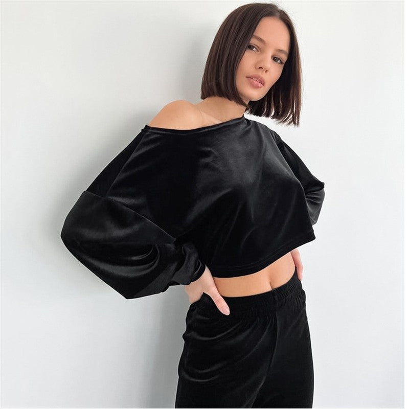 Velour Lounge Set: Solid Color Long Sleeve Crewneck Top and Pants