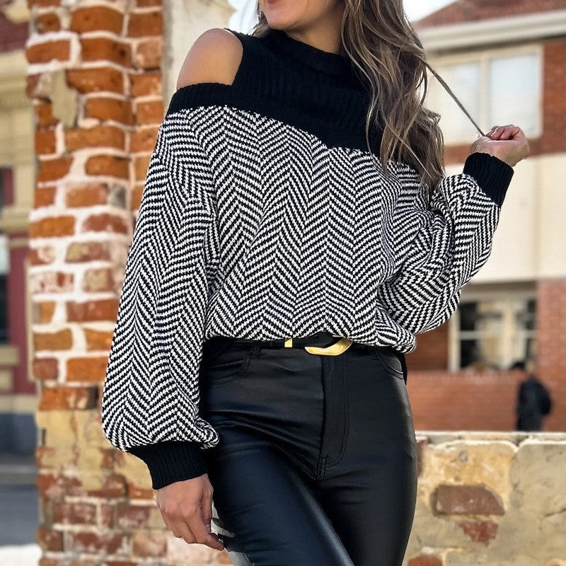 Striped Off-The-Shoulder High-Neck Fashion Sweater