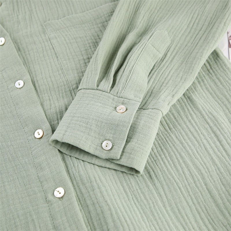 Solid Color Loose Long Sleeve Lapel Buttoned Waist Tied Blouse and Pants Two-Piece Loungewear Set