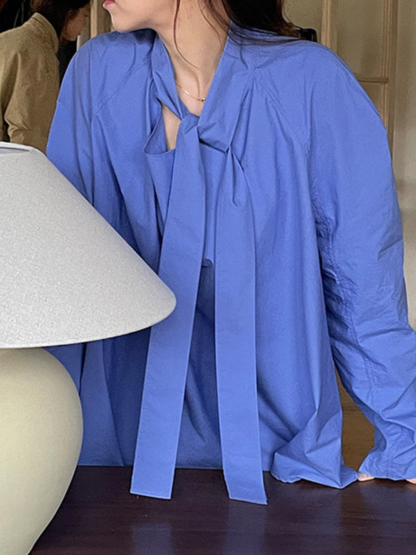 Long Sleeves Loose Solid Color Split-Joint Streamer High Neck Blouses