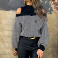 Striped Off-The-Shoulder High-Neck Fashion Sweater