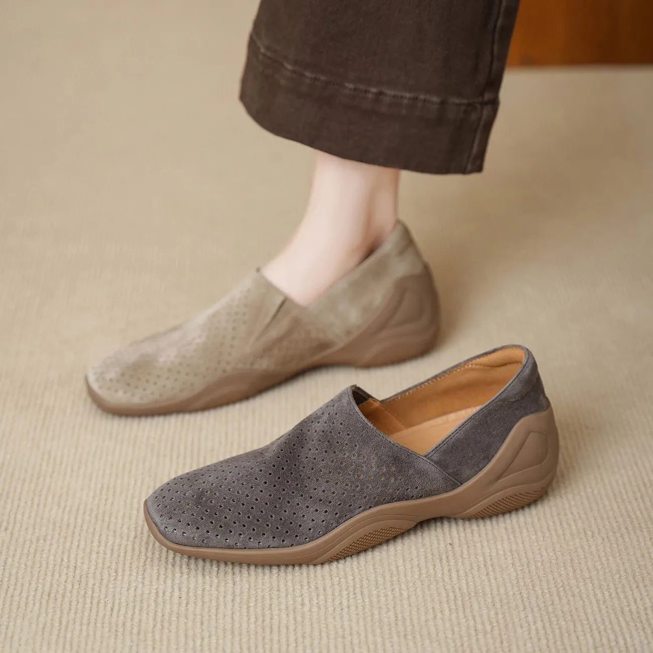 Women's Square Toe Hollowed-out Inner Wedge Heel Shoes | Sheepskin Slip-On Retro Comfort Flats | Sarah Express