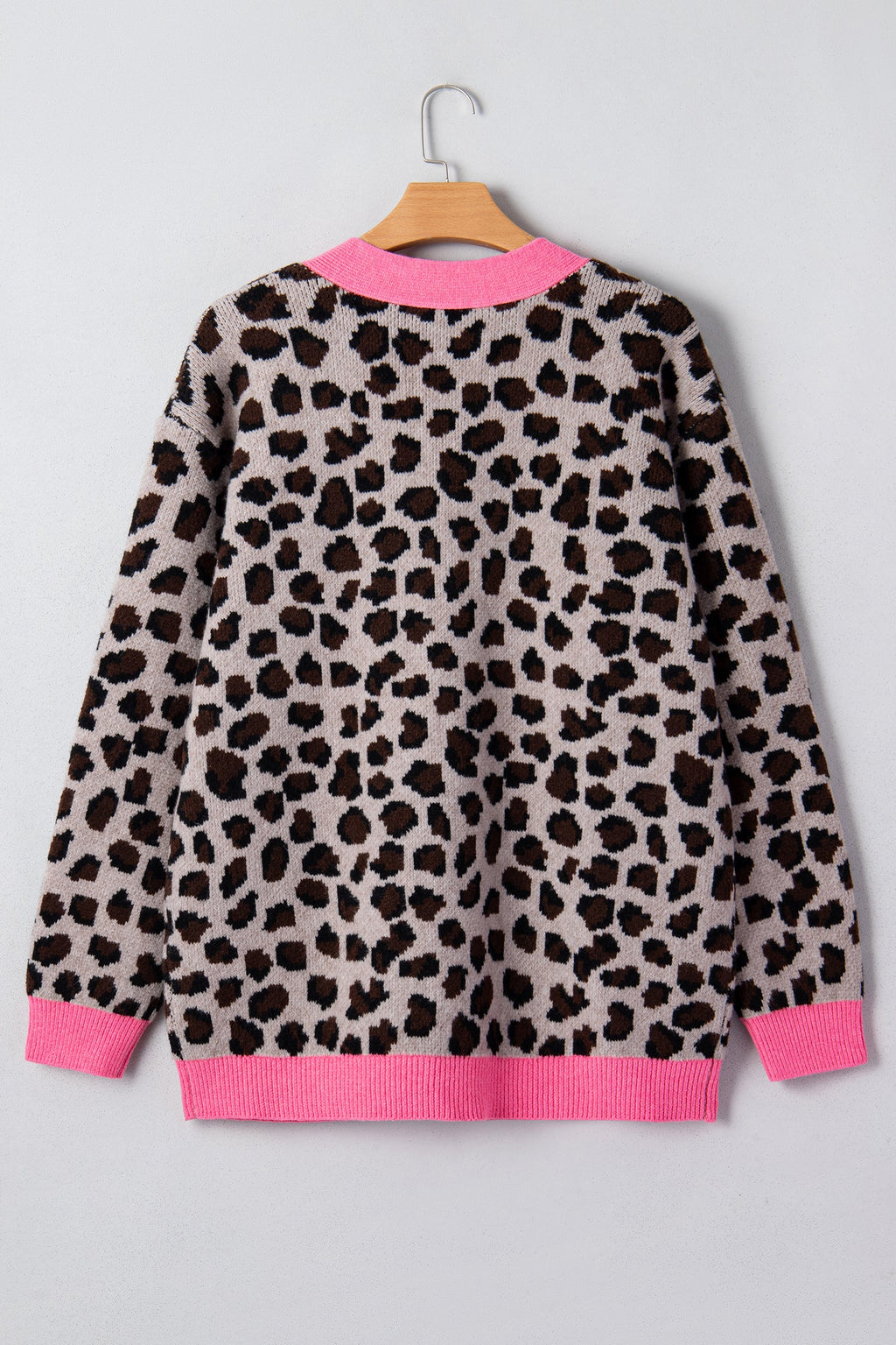 Khaki Oversize Color Block Trim Button Down Leopard Print Cardigan