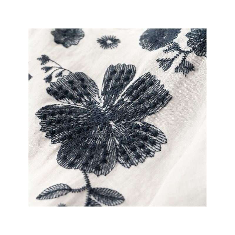 Embroidered Linen-Cotton Relaxed Fit Round Neck T-Shirt