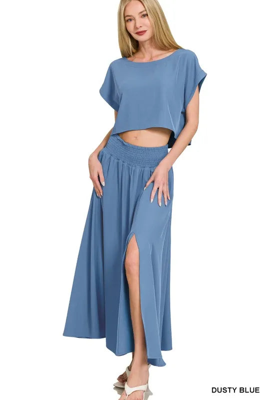 Woven Crinkle Gauze Crop Tee and Skirt Set