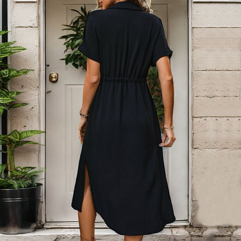 Casual Black V-Neck Shirt Dress