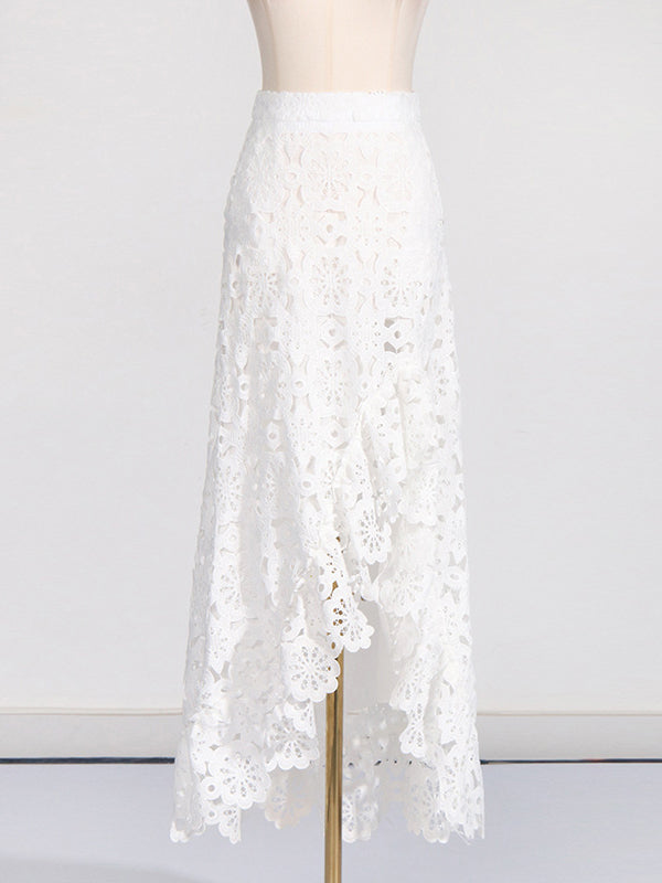 Flower Print Hollow Jacquard Solid Color Round-Neck Vest Top + Ruffle Trim Bodycon High-Low Skirts Bottom Two Pieces Set