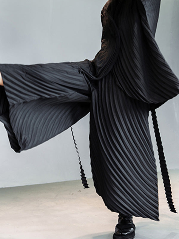 Urban Solid Color Pleated Outerwear&Pants Two Pieces Set