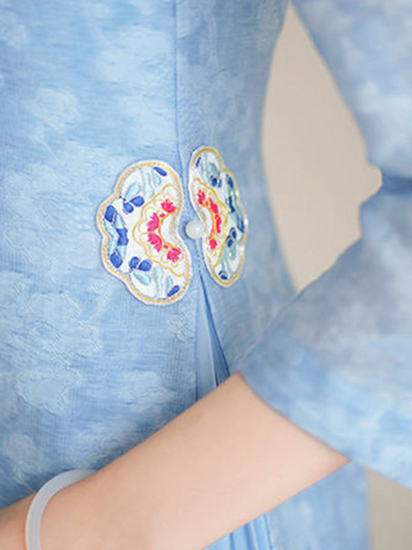 Fashion Vintage Light Blue Jacquard Long Cheongsams