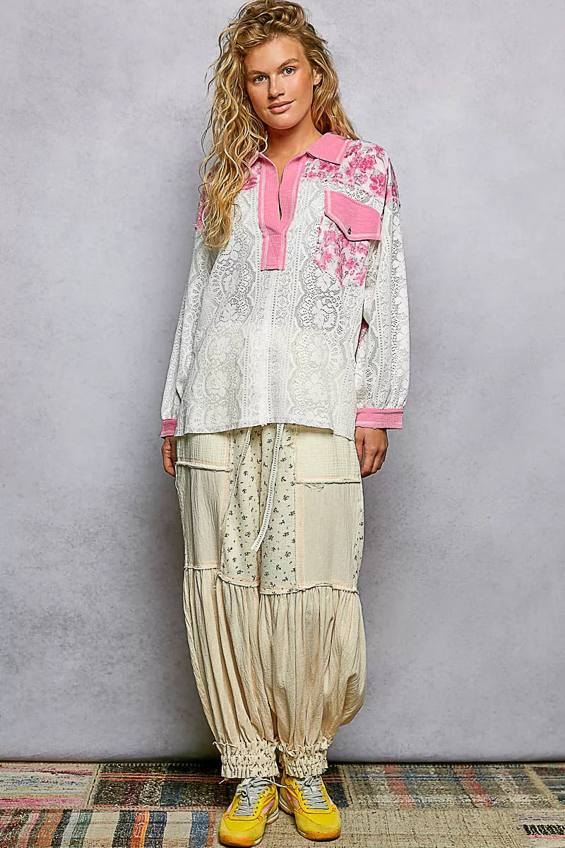 Floral Print Long Sleeve Lace Shirt with Front Pocket