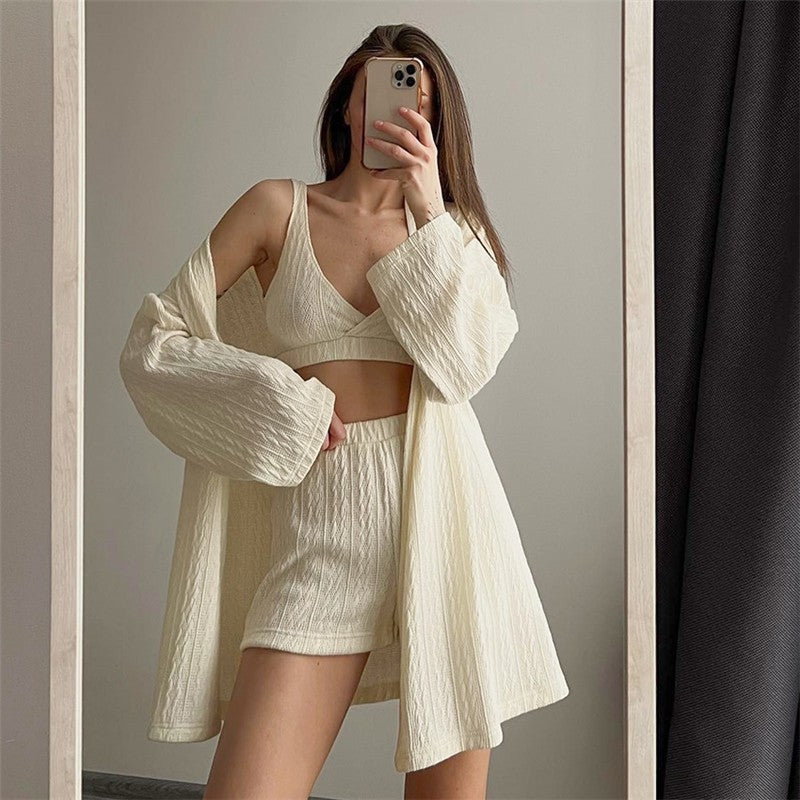 Knitted Bralette, Waist-Tied Cardigan, and Shorts Set - Solid Color Loungewear