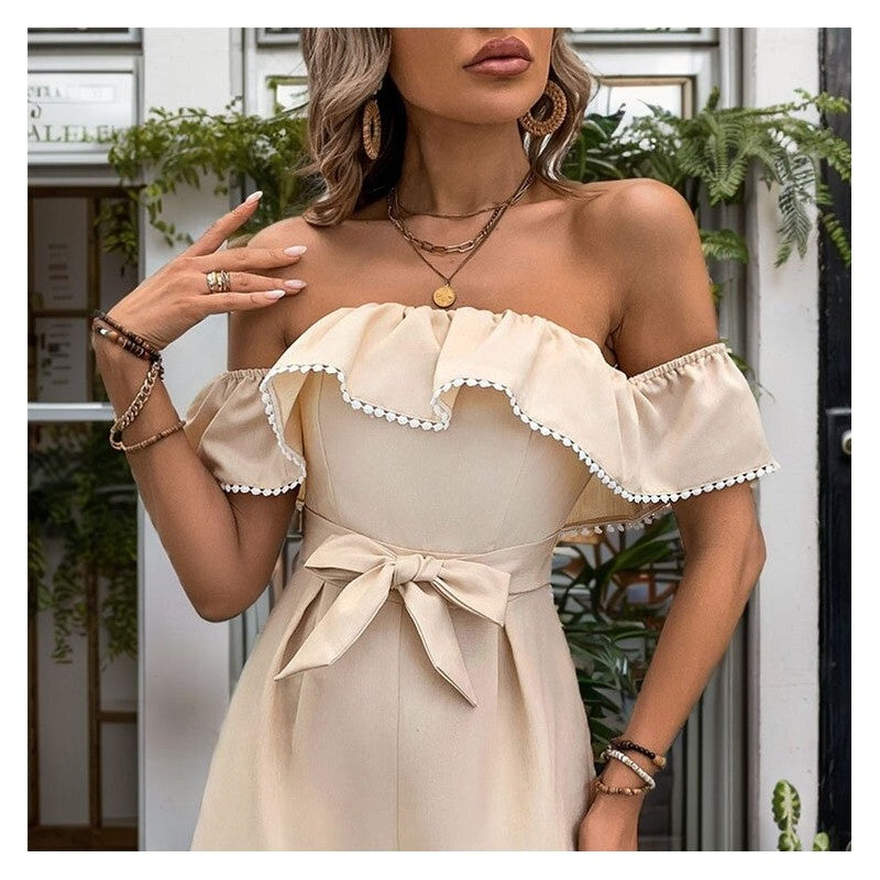 One-Shoulder Ruffle Detail Solid Color Jumpsuit