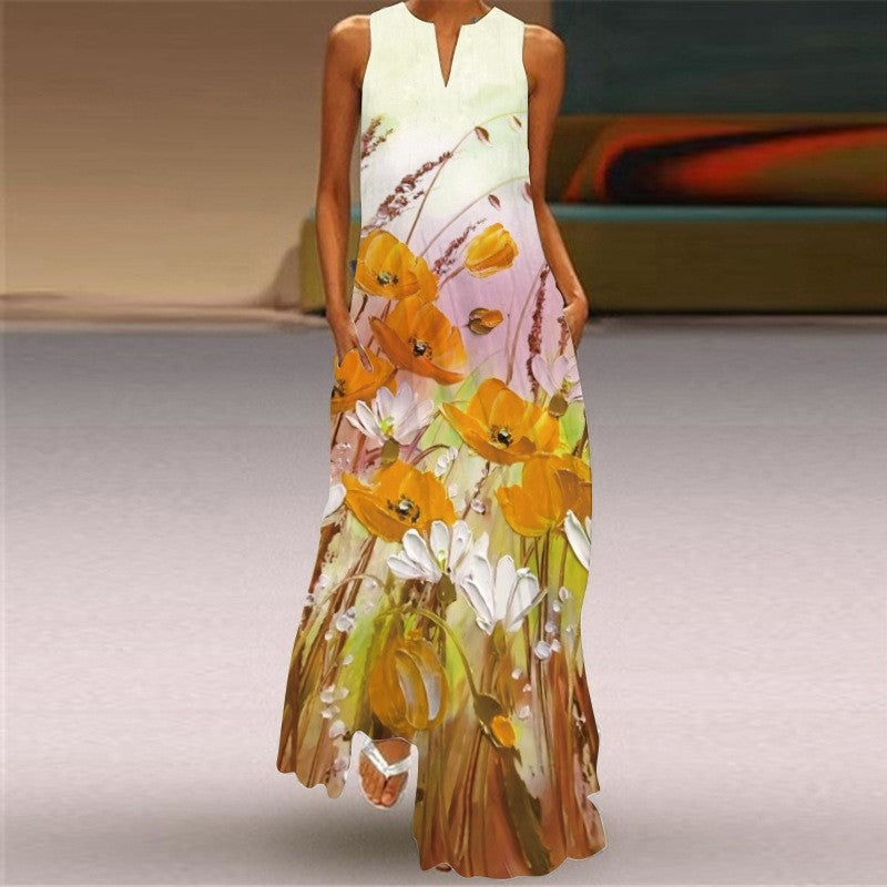 Sleeveless V-Neck Floral Print Casual Dress