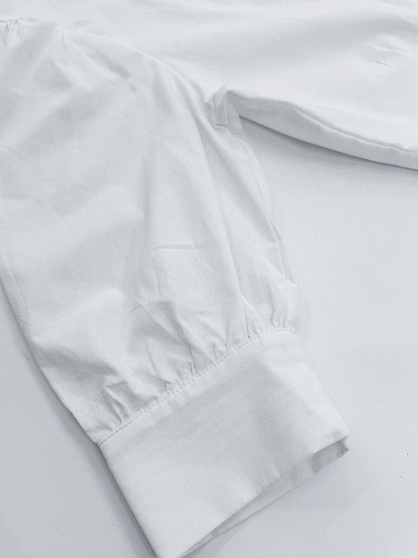 Half Sleeves Loose Buttoned Pleated Solid Color Split-Joint Stand Collar Blouses Top +  Skirts Bottom Two Pieces Set