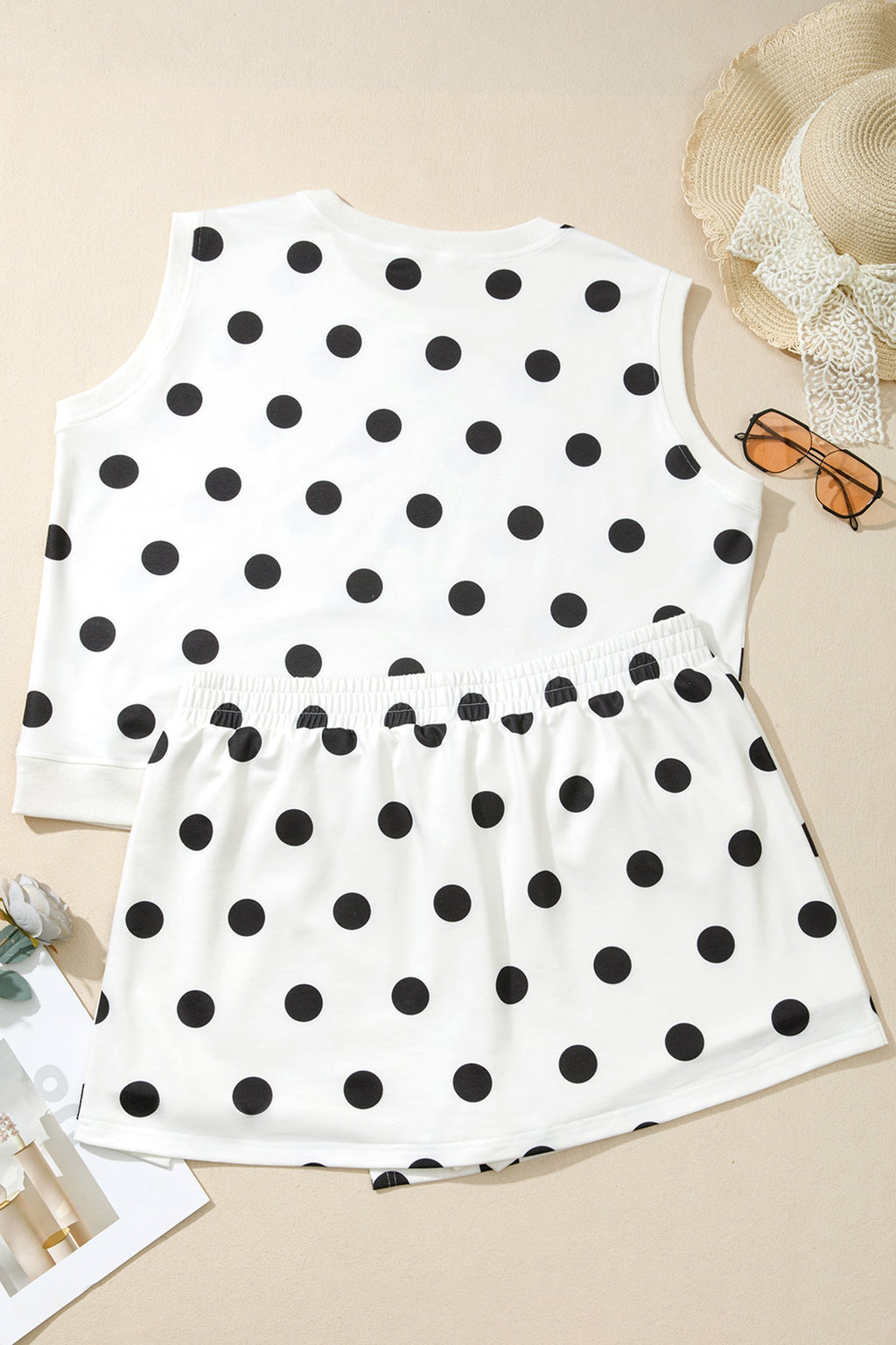 White Plus Size Polka Dot Printed Tank Split Skort 2pcs Outfit