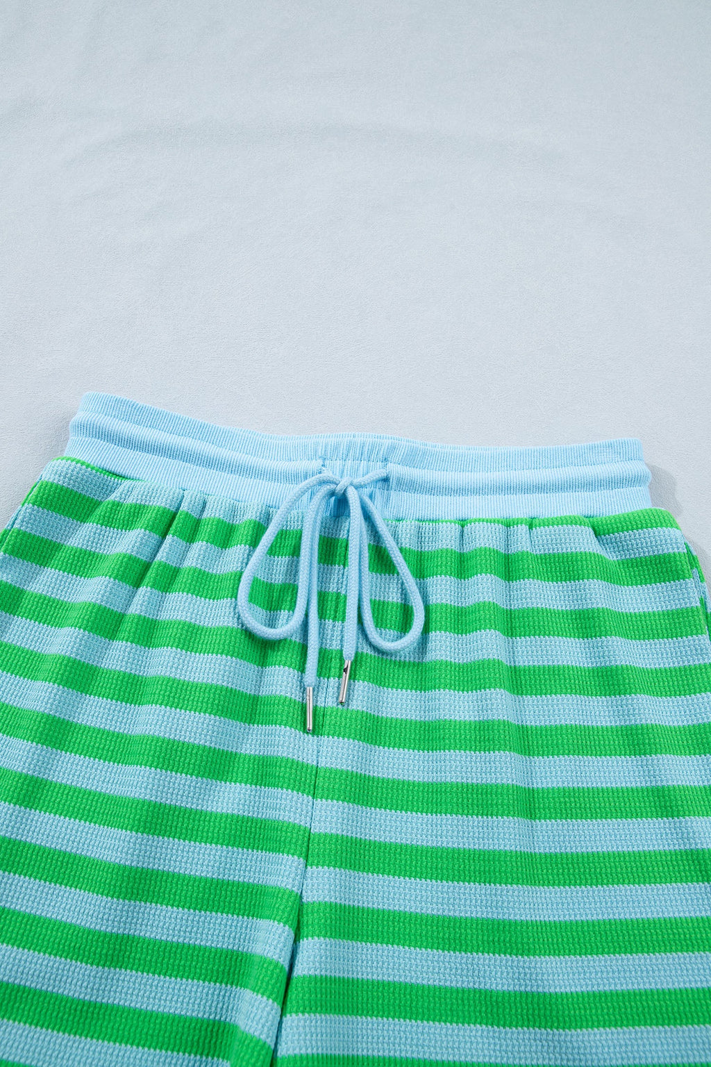 Green Stripe Puff Short Sleeve T Shirt Matching Shorts Set