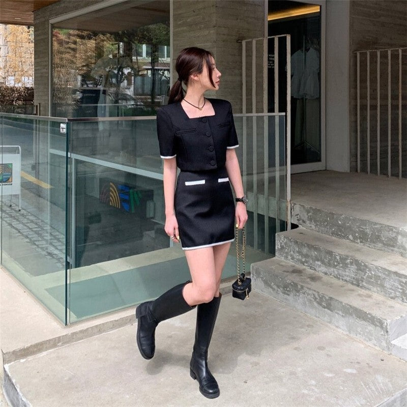 Stylish Ensemble featuring Color-Blocked Jacket and A-Line Skirt