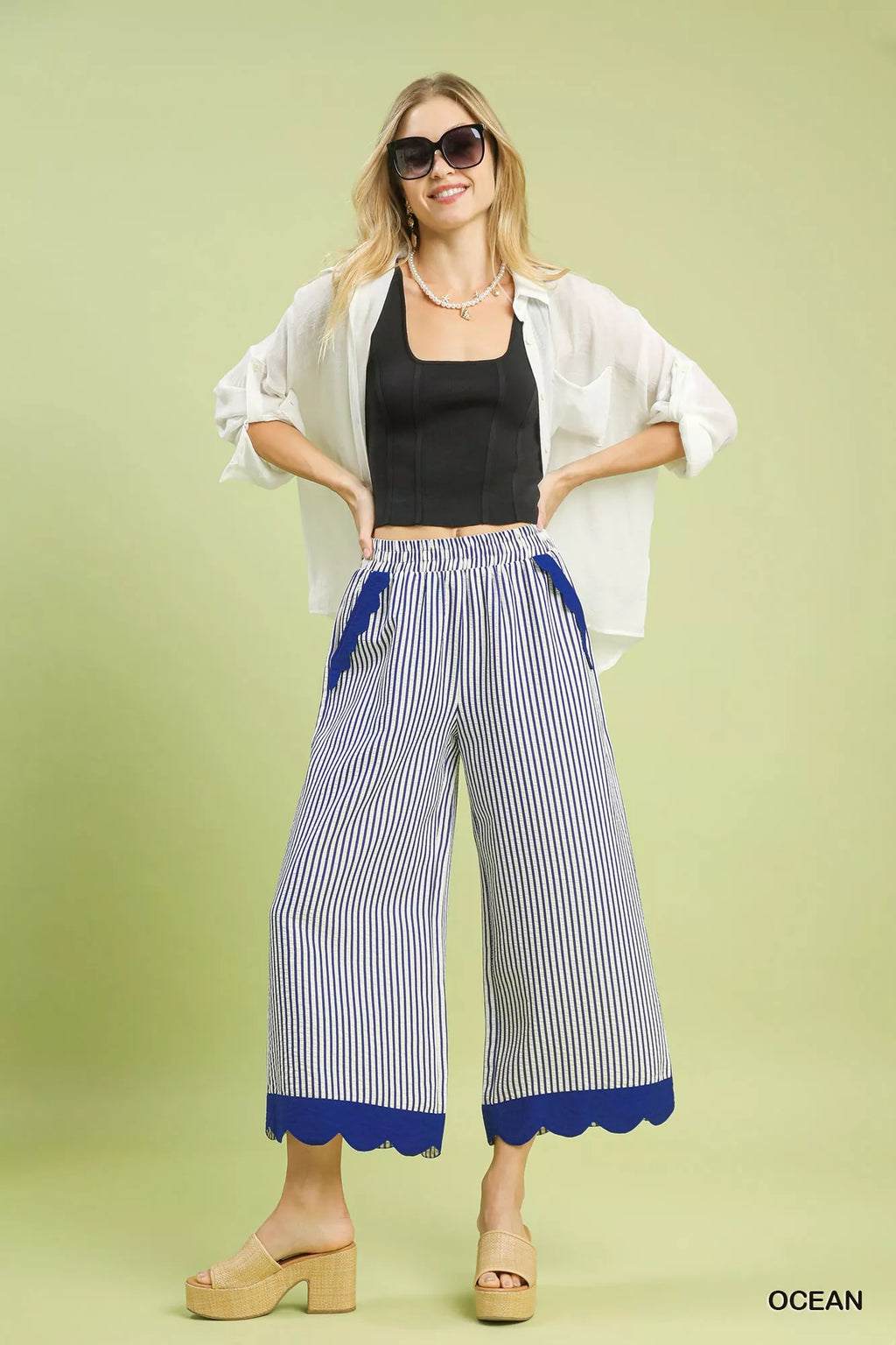 Stripe Scallop Hem Wide Leg Pants
