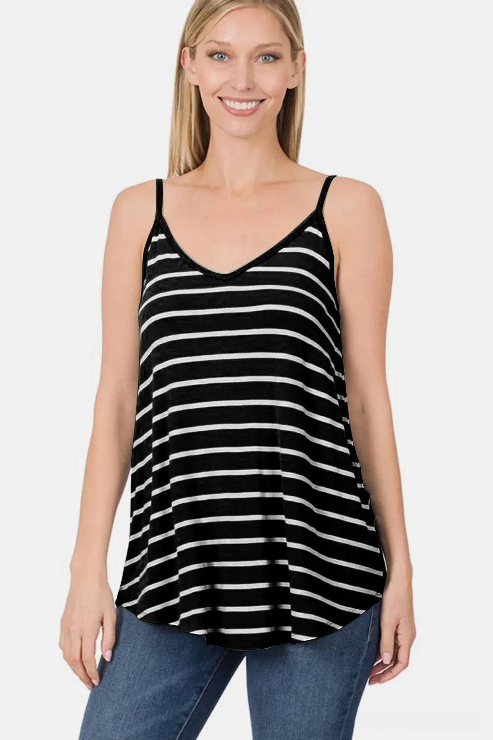 Striped V-Neck Curved Hem Cami