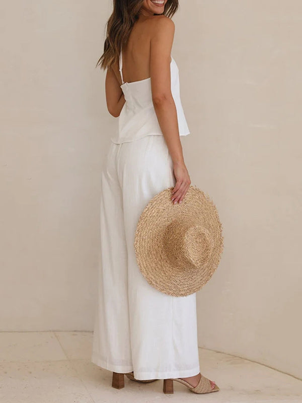 High Waisted Loose Drawstring Elasticity Solid Color Split-Joint Pants Trousers
